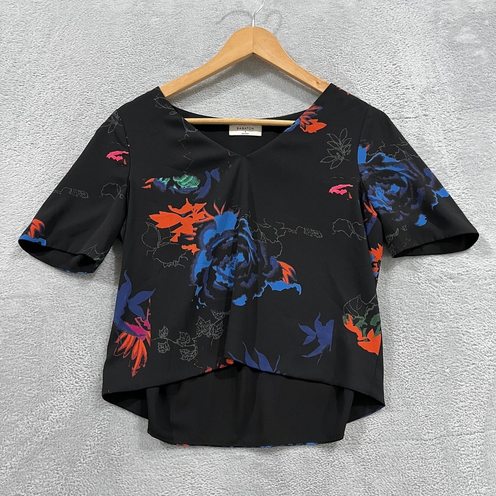 Babaton Top Womens Small Blouse Floral Black V-Neck Preppy Short Sleeve